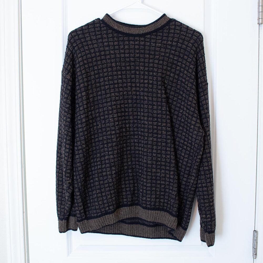 Classic VTG Landro Sweater Italy Brown Black Geometric Knit XL Prep Soft Autumn